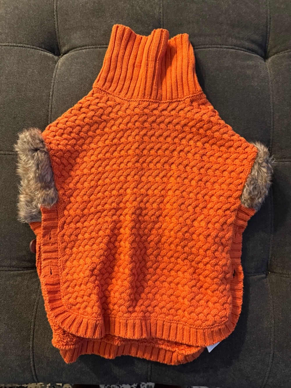 Kids Orange Cable-Knit Turtleneck Top with Faux-Fur Trim